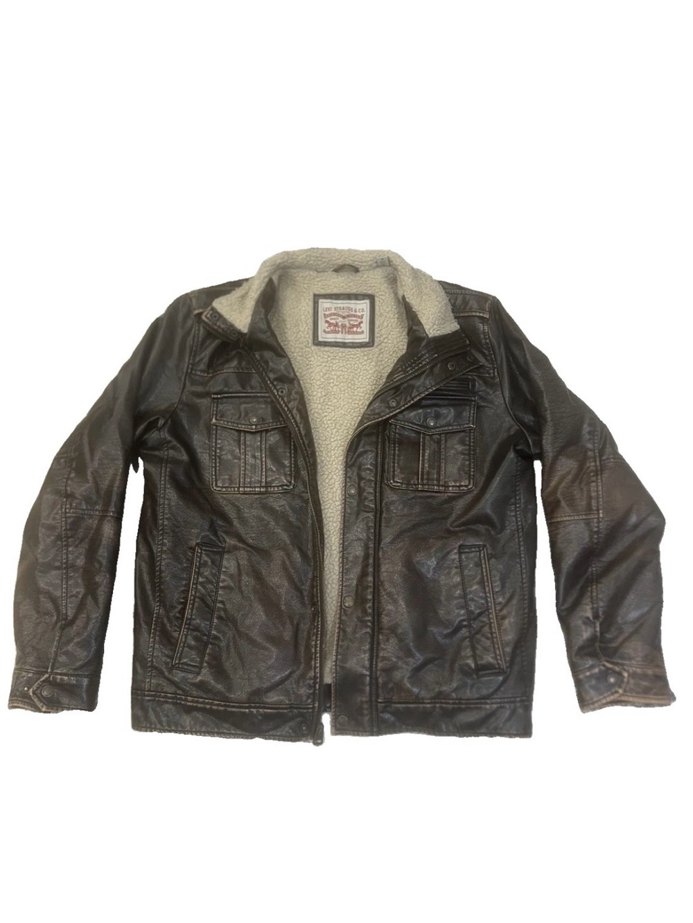 Levi’s Faux Leather Sherpa Lined Trucker Jacket Brown Men’s Medium Full Zip
